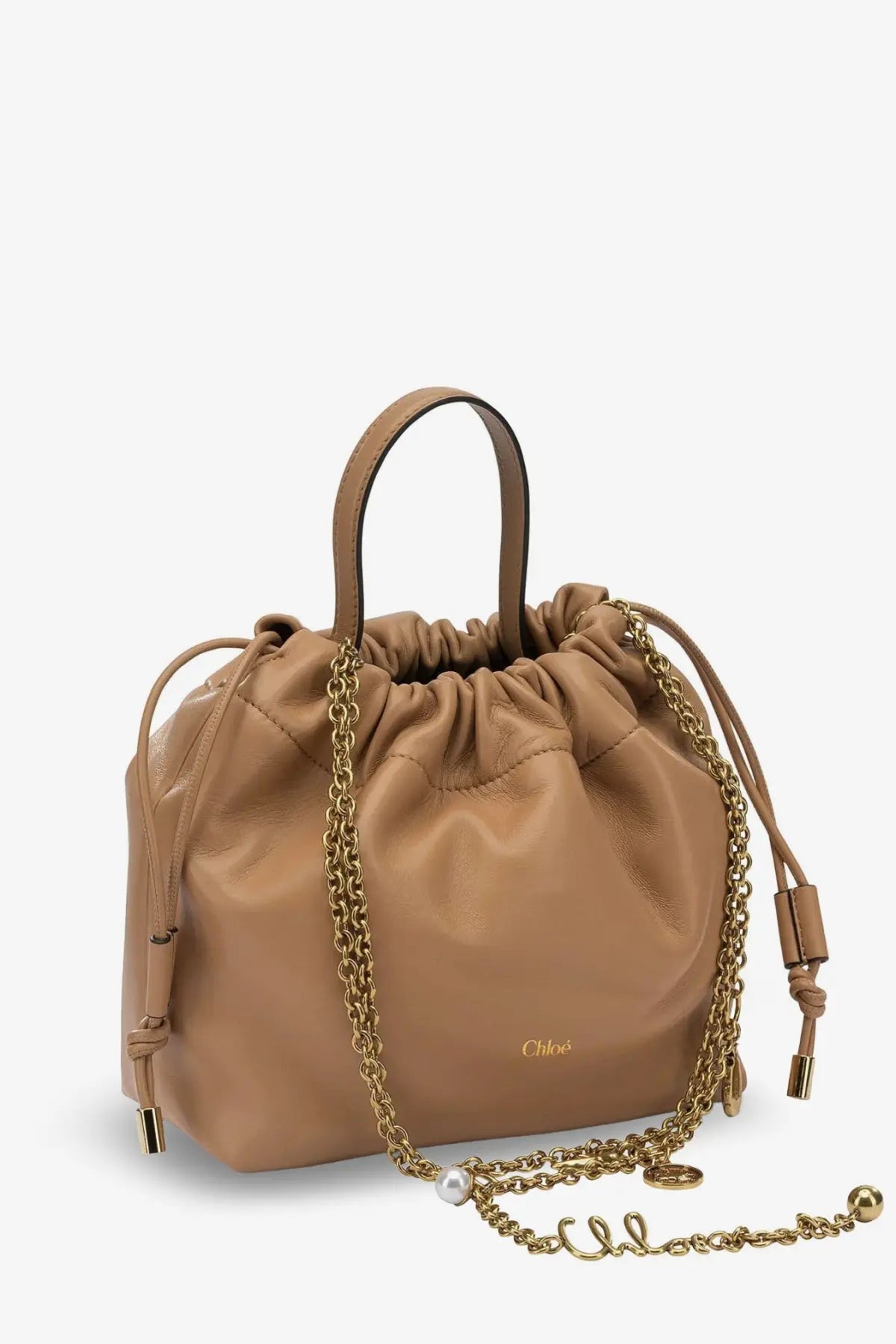 Tan leather drawstring crossbody bag with gold-tone chain strap and pearl accent from Chloé women’s beige collection