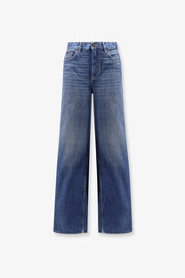 Chloé women’s jeans blue high-waisted wide-leg denim jeans medium blue wash with classic stitching and button closure