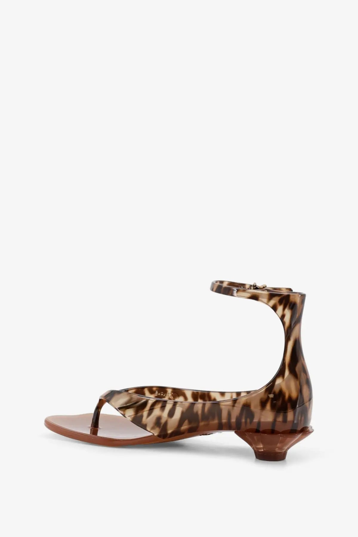 Brown and tan leopard print chloé women’s jelly tpu sandal with low block heel