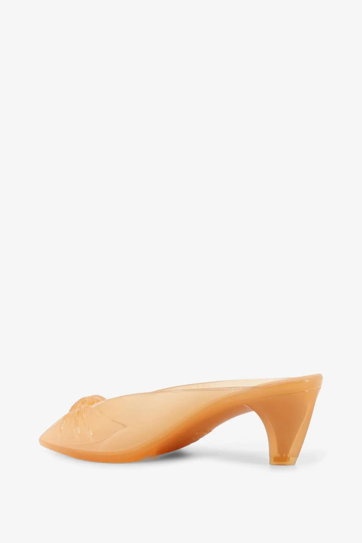 Transparent peach-colored plastic mule shoe with molded cat face toe design chloé women’s jelly tpu sandals brown