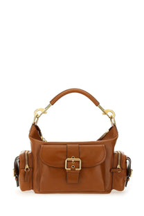 Brown leather chloé women’s camera bag in beige with gold-tone hardware and front flap closure