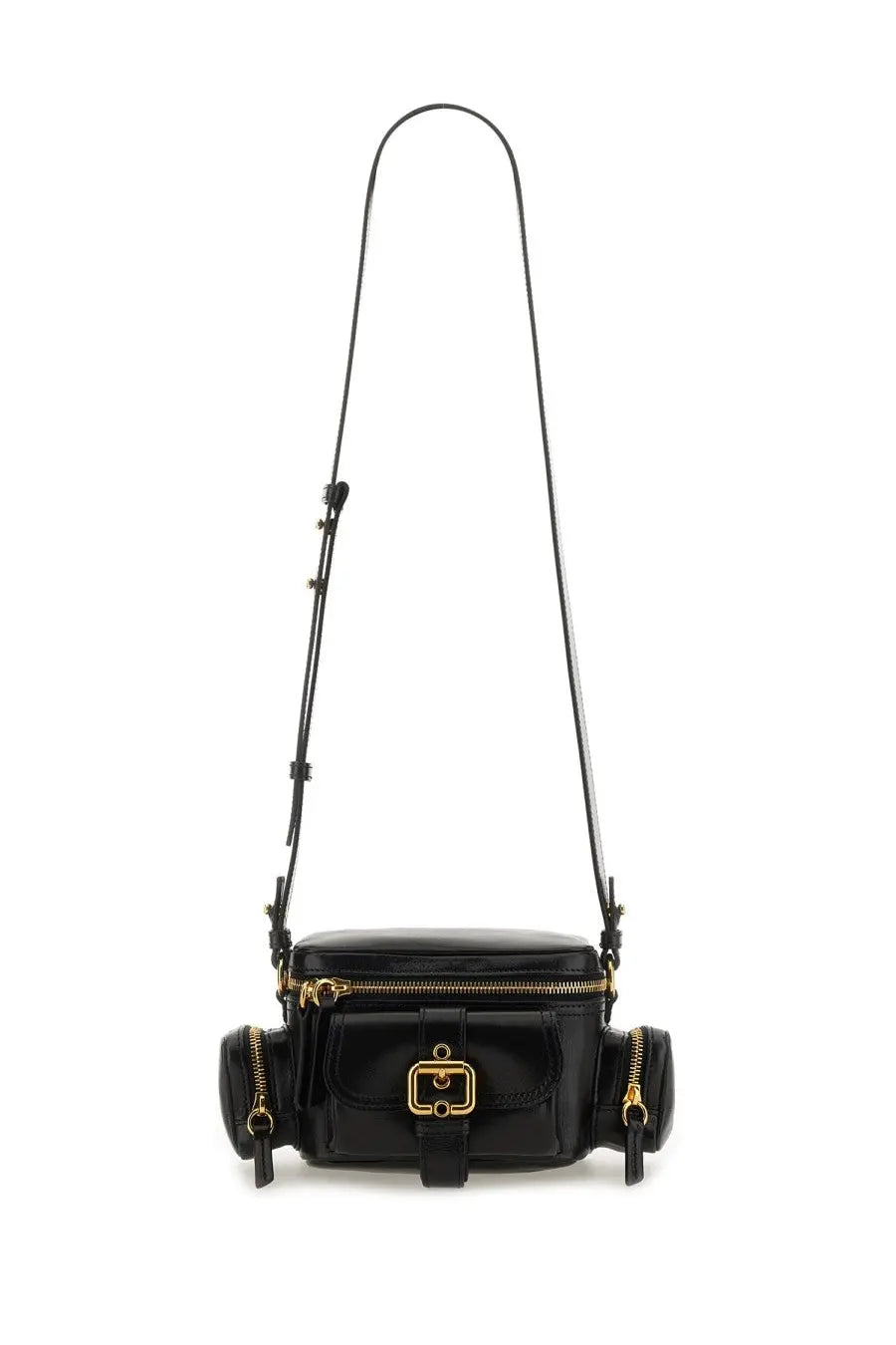Chloé women’s black leather camera bag with gold-tone hardware and side pockets crossbody design