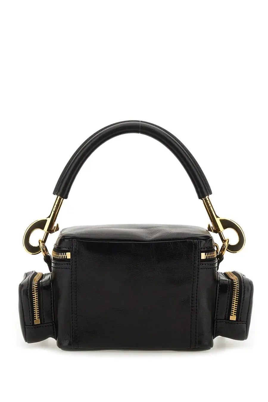 Chloé women’s black leather camera bag with gold-tone hardware and a curved top handle