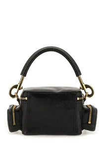 Chloé women’s black leather camera bag with gold-tone hardware and a curved top handle
