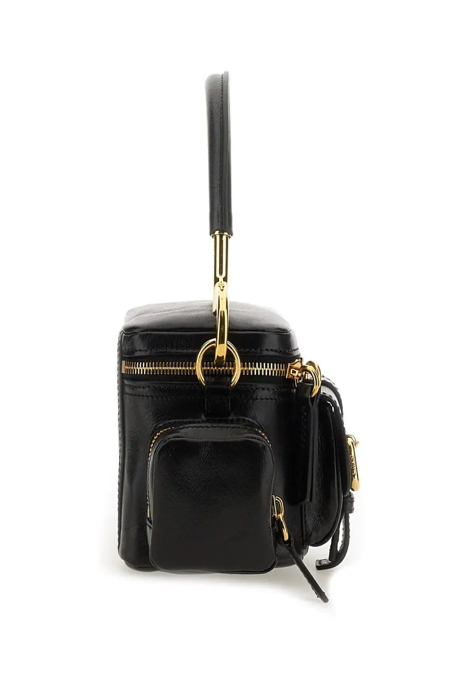 Chloé women’s black leather camera bag with gold-tone hardware and top handle for stylish carrying