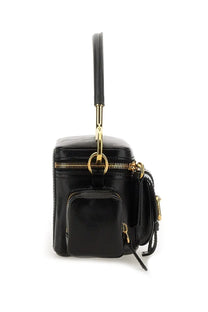 Chloé women’s black leather camera bag with gold-tone hardware and top handle for stylish carrying