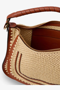 Chloé women’s marcie raffia shoulder bag beige woven straw with brown leather trim and handle