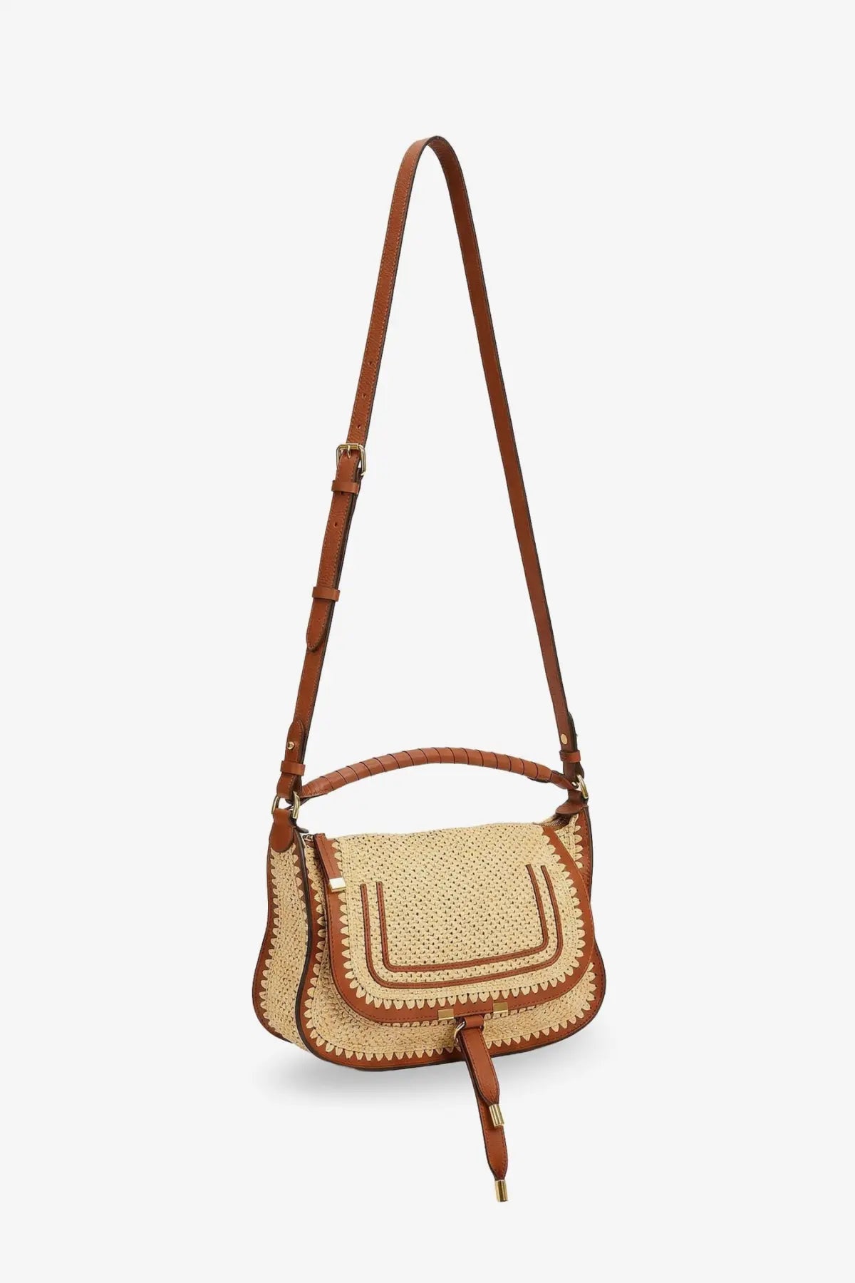 Beige woven straw chloé womens marcie raffia shoulder bag with brown leather trim and handles