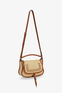 Beige woven straw chloé womens marcie raffia shoulder bag with brown leather trim and handles