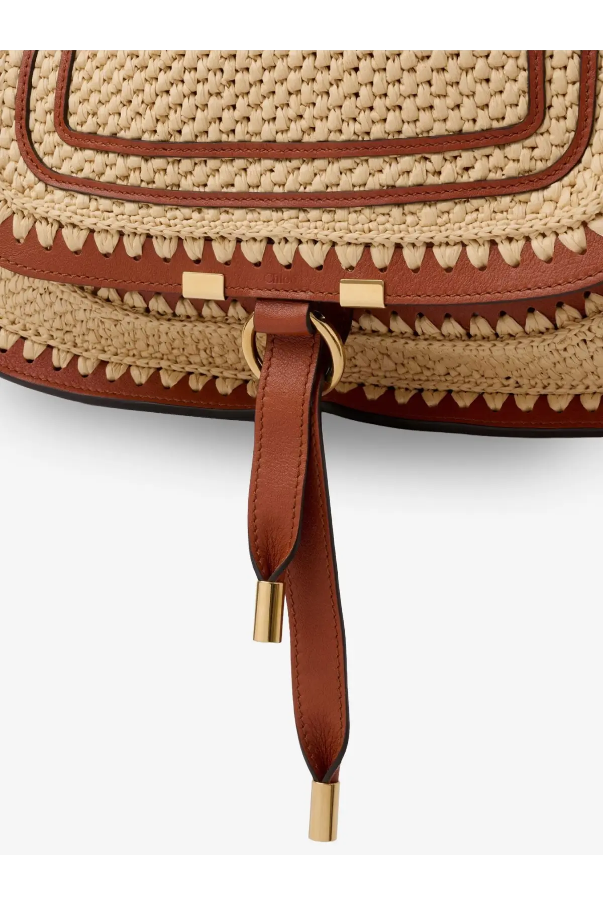 Beige woven straw Chloé women’s marcie raffia shoulder bag with brown leather trim and gold tone hardware