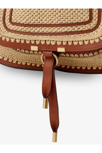 Beige woven straw Chloé women’s marcie raffia shoulder bag with brown leather trim and gold tone hardware