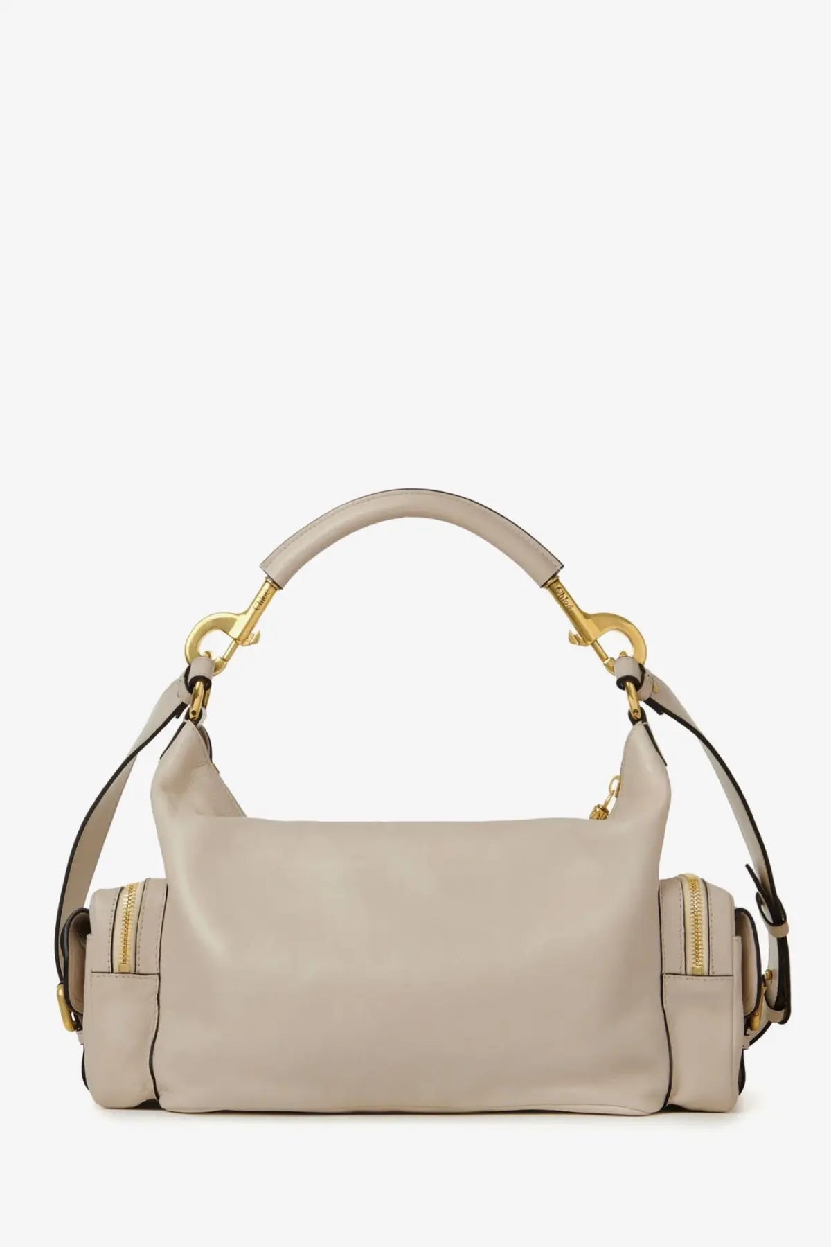 Beige leather hobo bag with gold-tone hardware and dual straps from Chloé women’s medium double carry collection