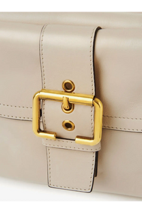 Chloé women’s medium double carry leather shoulder bag in cream-colored leather with gold-tone rectangular buckle and stitching