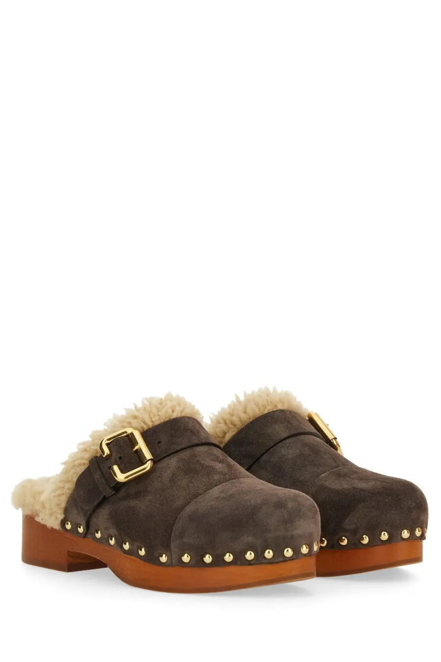 Chloé women’s brown suede mule Jeannette with gold-tone buckle studded heel and soft cream shearling lining