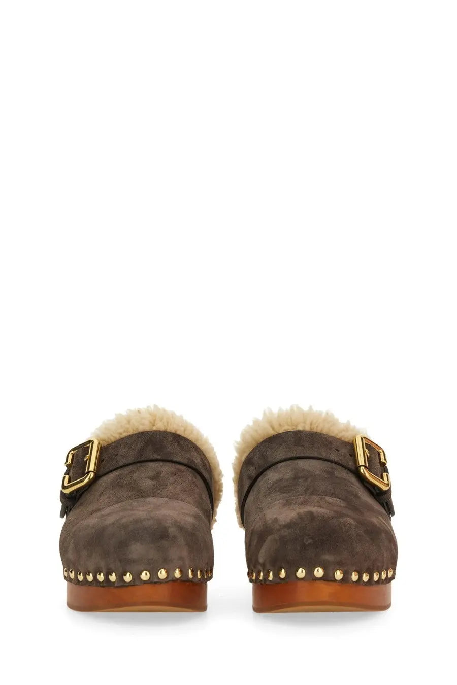 Chloé women’s mule jeannette brown brown suede clog sandals with gold-tone buckles and plush shearling lining