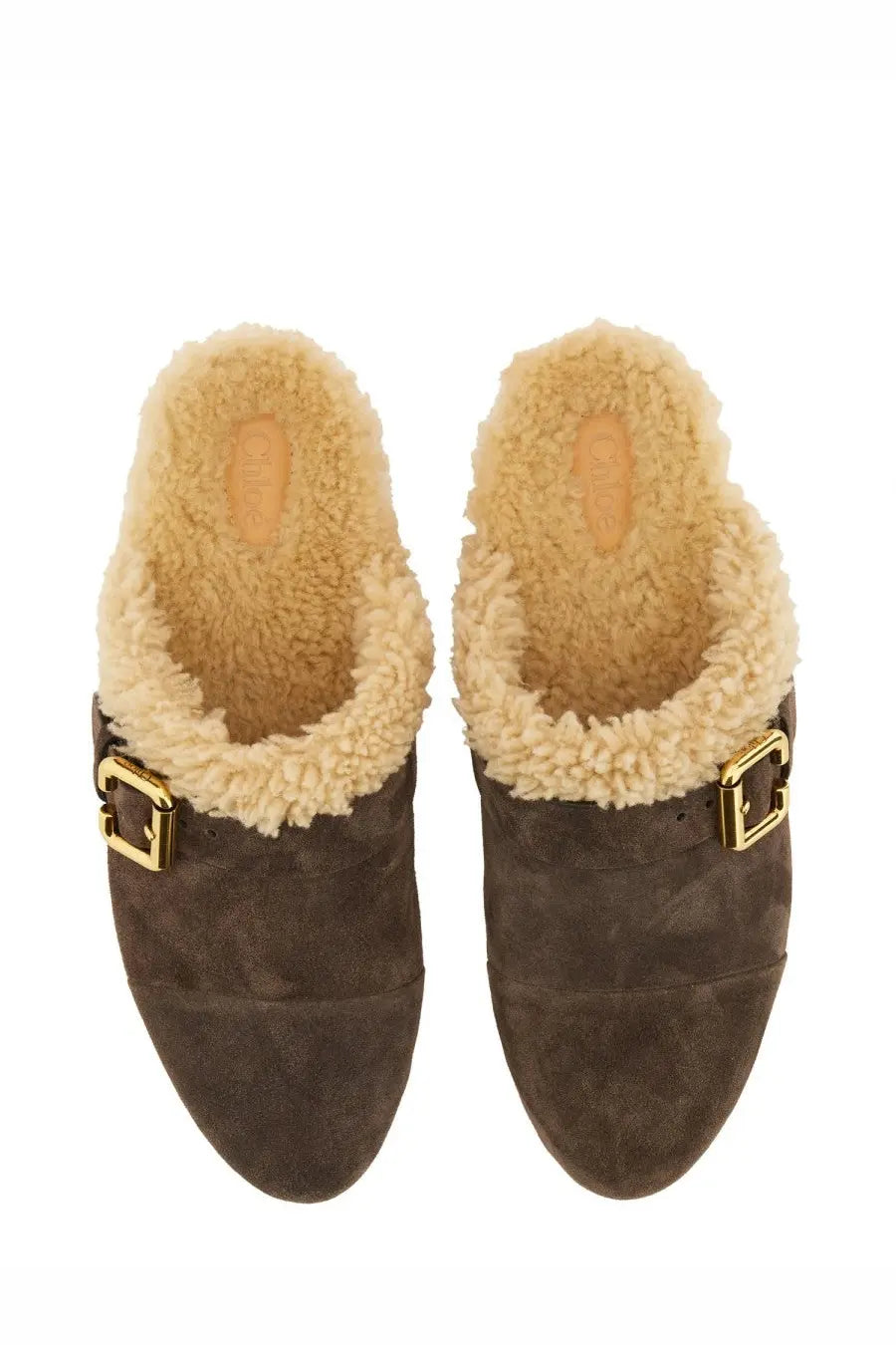 Chloé women’s mule Jeannette brown brown suede mules with cream shearling lining and gold buckle accents
