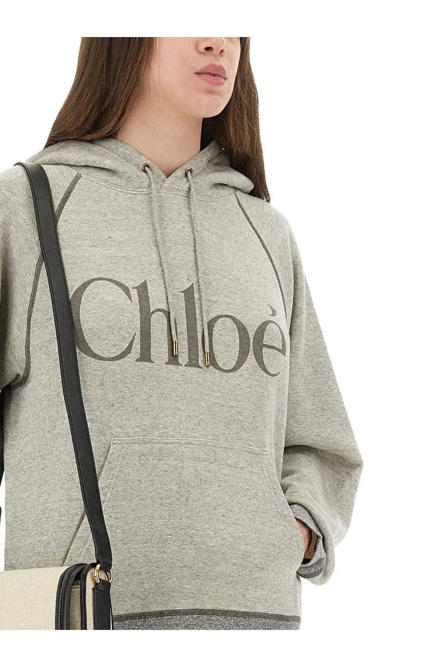 Chloé women’s oversized grey heathered hoodie with large front logo and drawstring hood in soft cotton blend