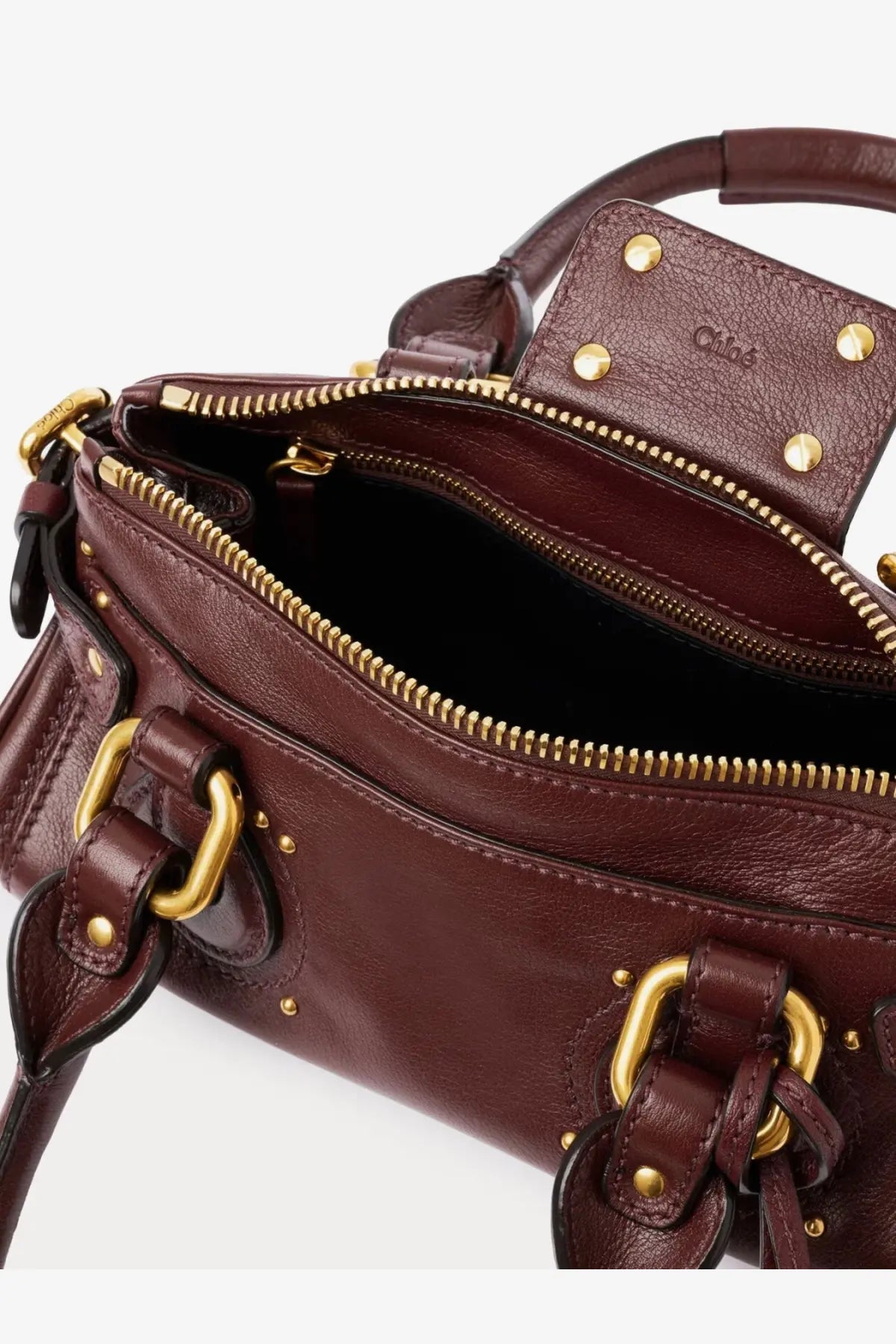 Chloé women’s paddington leather shoulder bag in burgundy leather with gold-tone studs and structured top handle