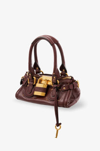 Chloé women’s paddington brown leather shoulder bag with burgundy leather and gold-tone hardware padlock closure