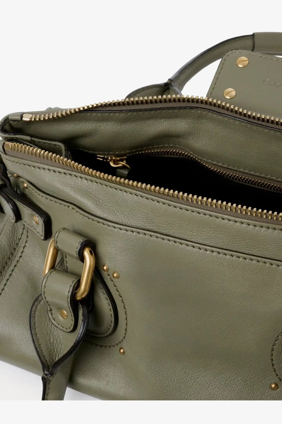 Chloé women’s olive green leather shoulder bag with gold-tone hardware and studded details