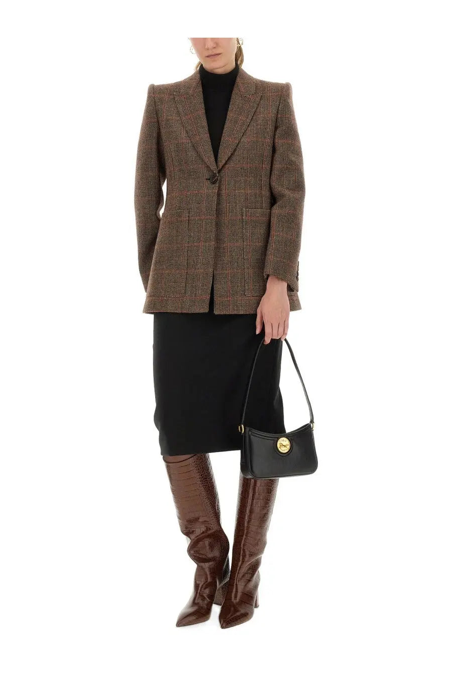 Black leather handbag with gold tone circular clasp complementing chloé women’s plaid wool tailored jacket brown