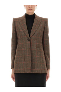 Chloé women’s brown and red plaid wool tailored blazer with notched lapels perfect for stylish outerwear