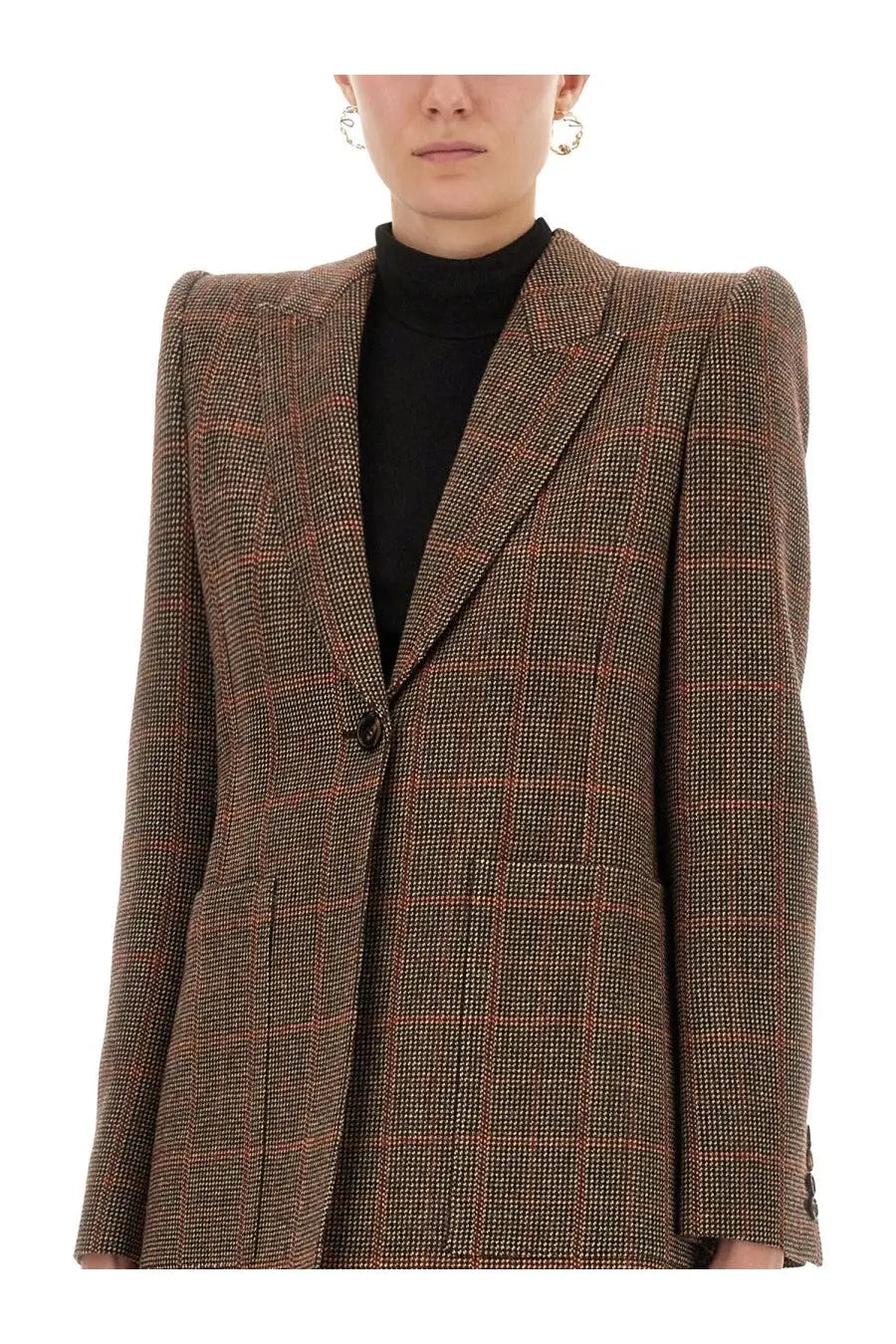 Chloé women’s brown plaid wool tailored jacket with a structured red and brown tweed fabric design
