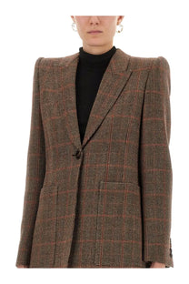 Chloé women’s brown plaid wool tailored jacket with a structured red and brown tweed fabric design