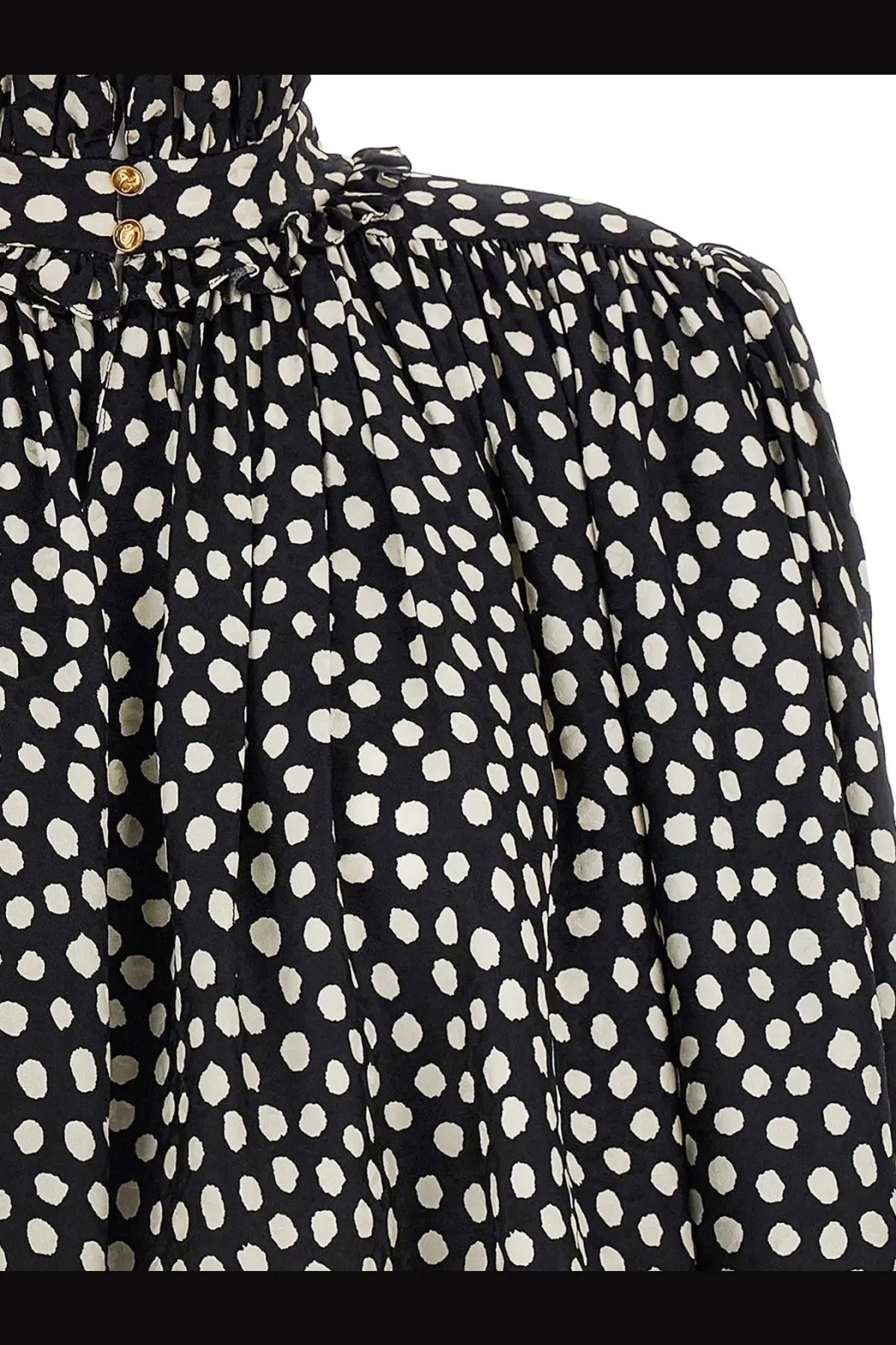 Chloé women’s black silk blouse with white polka dots high neckline gathered sleeves and gold-tone buttons