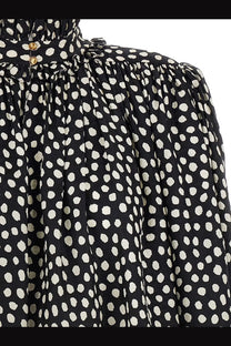 Chloé women’s black silk blouse with white polka dots high neckline gathered sleeves and gold-tone buttons