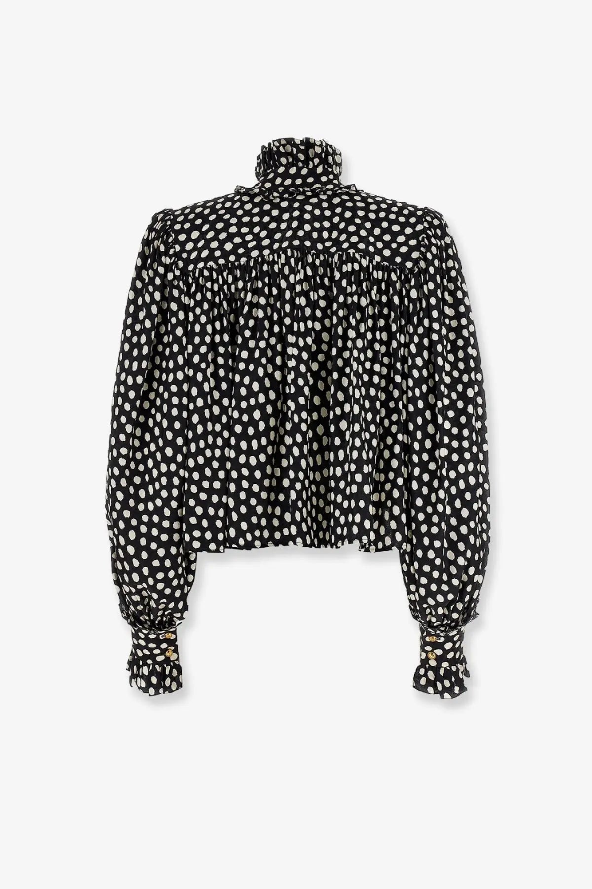 Chloé women’s black silk shirt with white polka dots ruffled high neckline and puffed sleeves gathered at cuffs