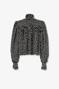 Chloé women’s black silk shirt with white polka dots ruffled high neckline and puffed sleeves gathered at cuffs