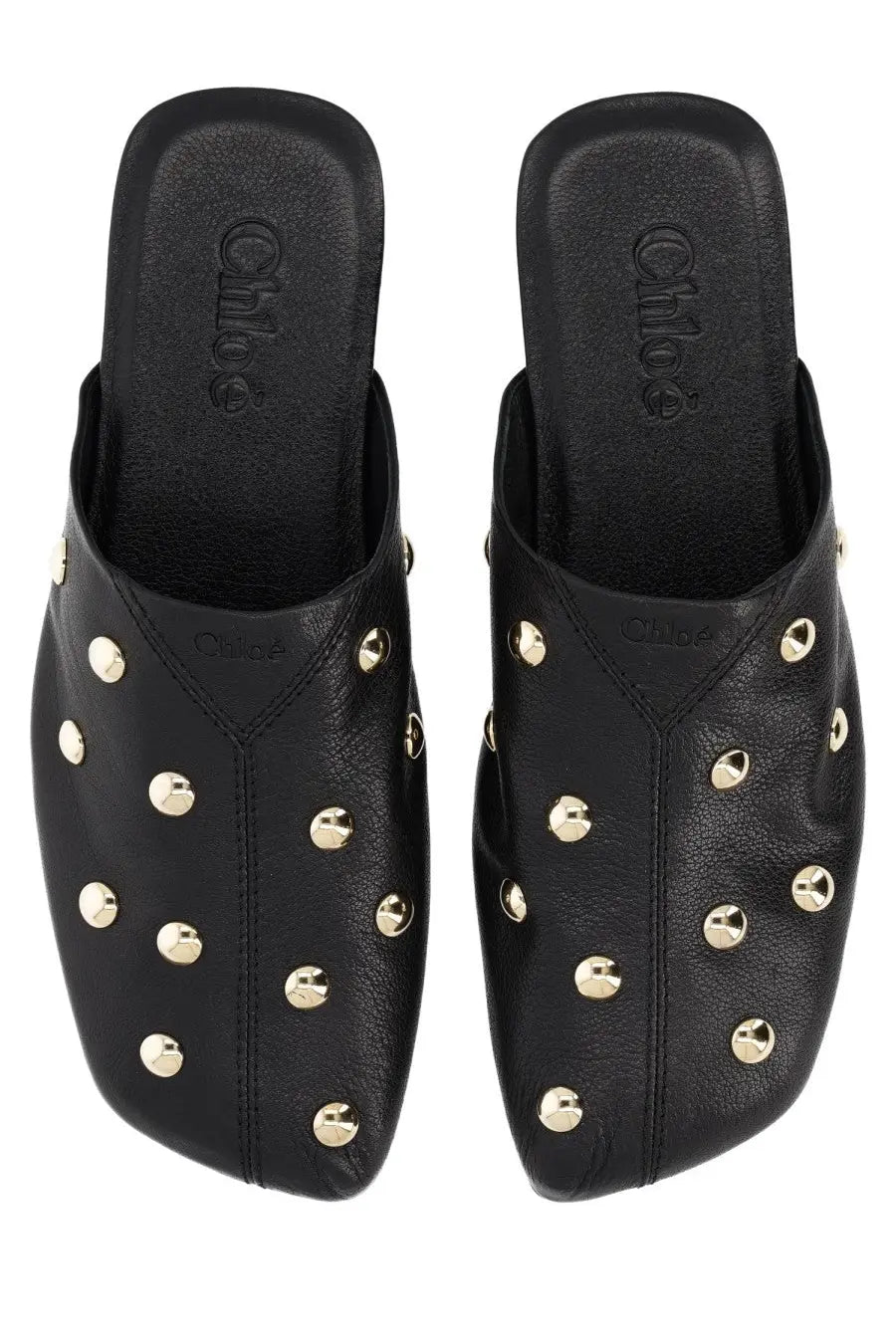 Black leather Chloé women’s Sabot Rita mules adorned with gold-tone studs showcasing stylish luxury design