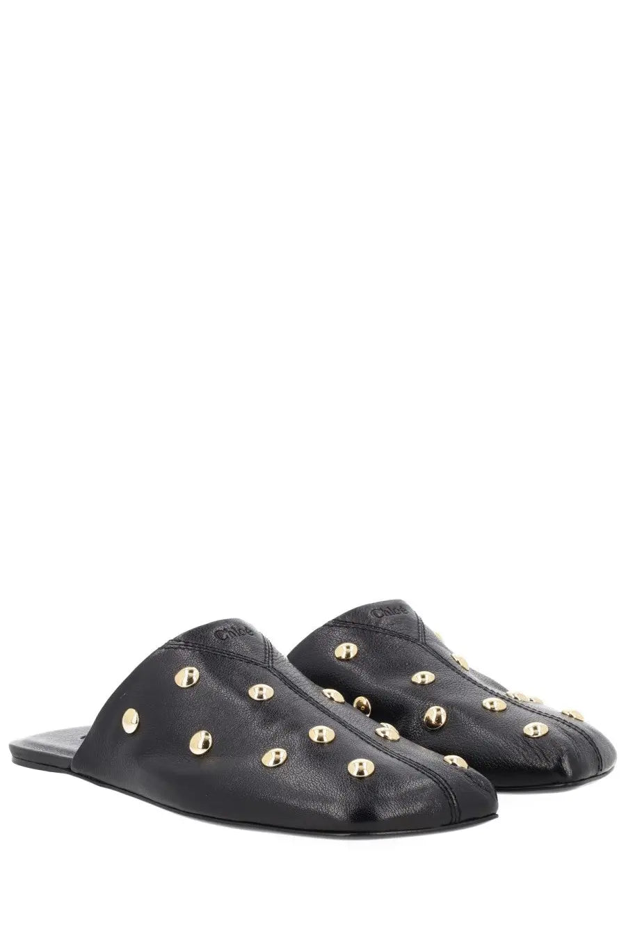 Chloé women’s sabot rita black leather mules with gold tone stud embellishments