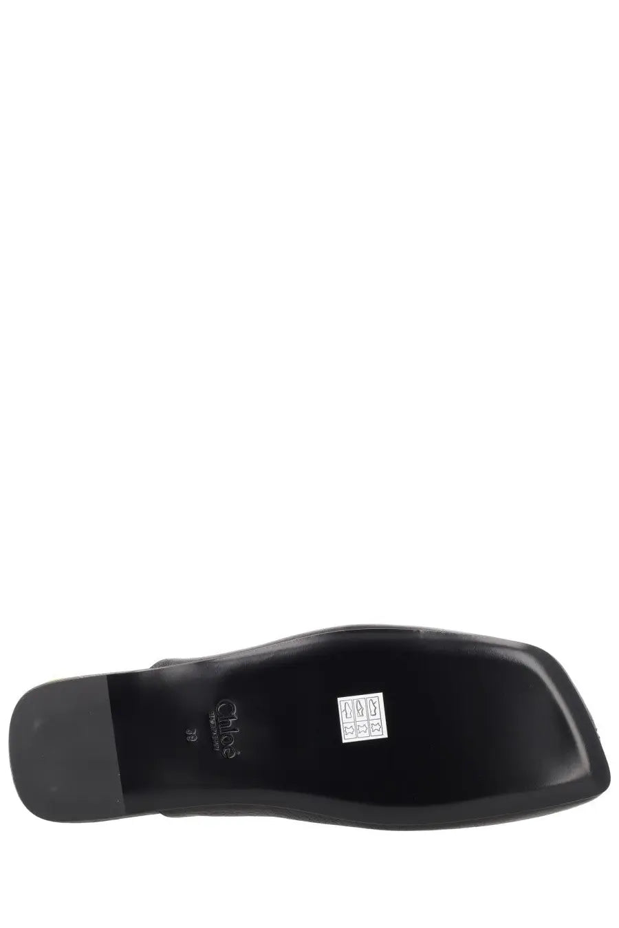 Black leather sole with glossy finish and embossed logo on the back of chloé women’s sabot rita black shoe