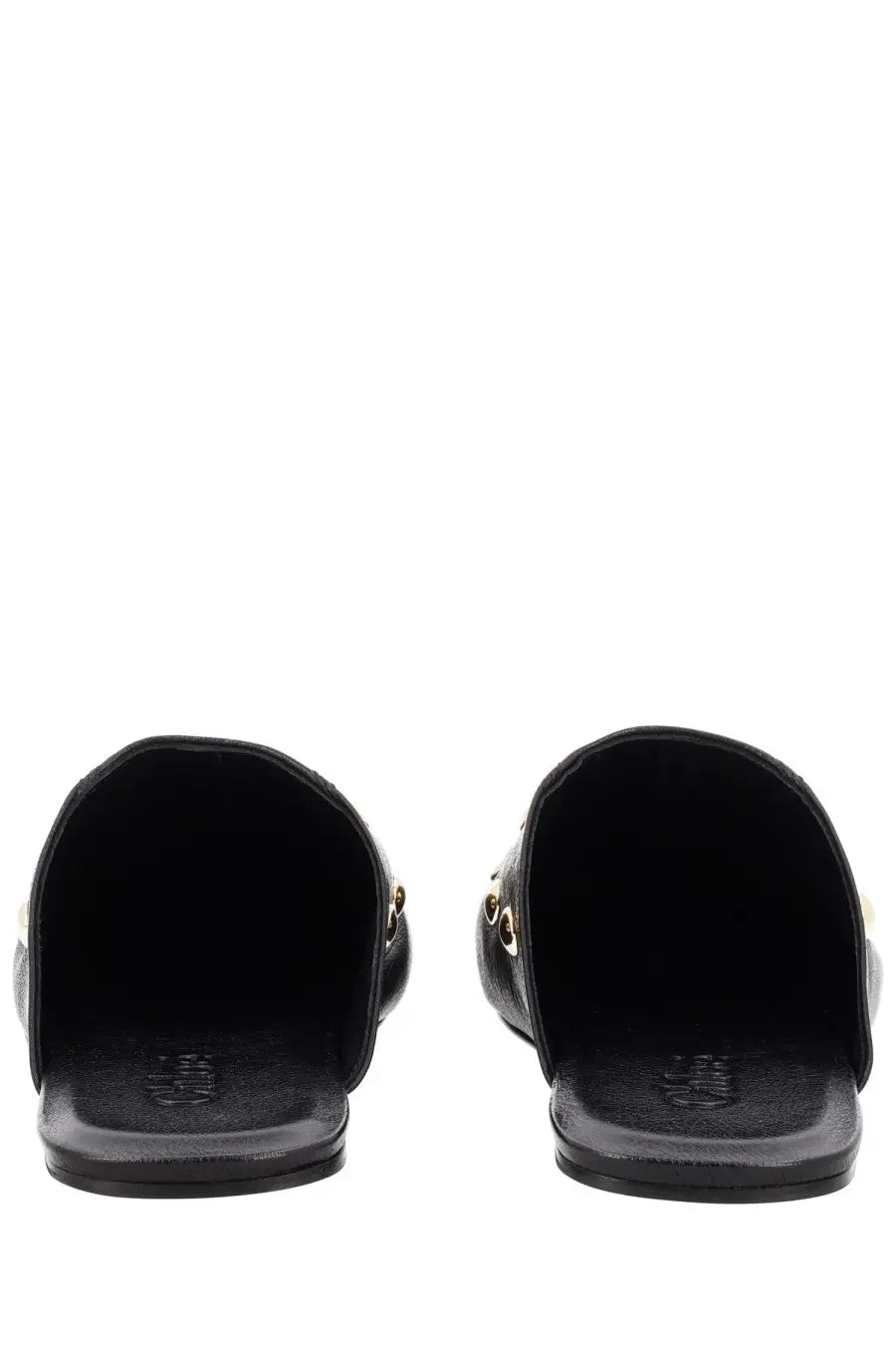 Chloé women’s sabot Rita black leather slip-on sandals with gold-tone metal accents and embossed logo insole