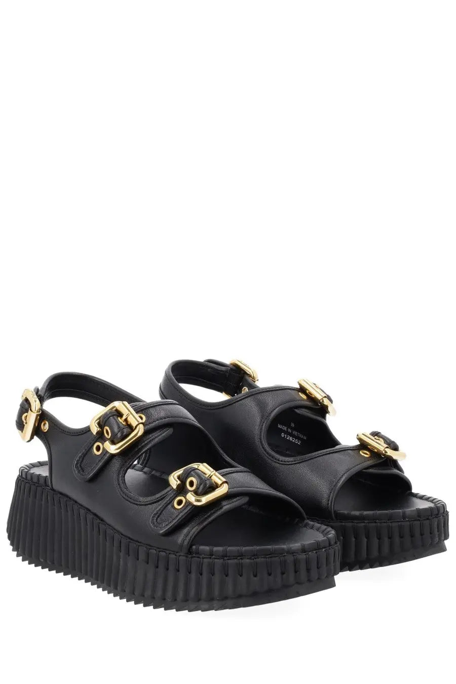 Chloé women’s black leather platform sandals with gold-tone buckle straps for stylish summer wear