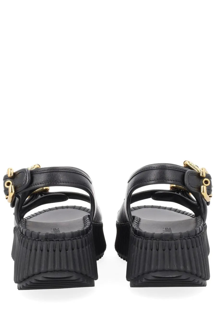 Chloé women’s sandal Nama black platform sandals with gold-tone buckle details and ribbed soles