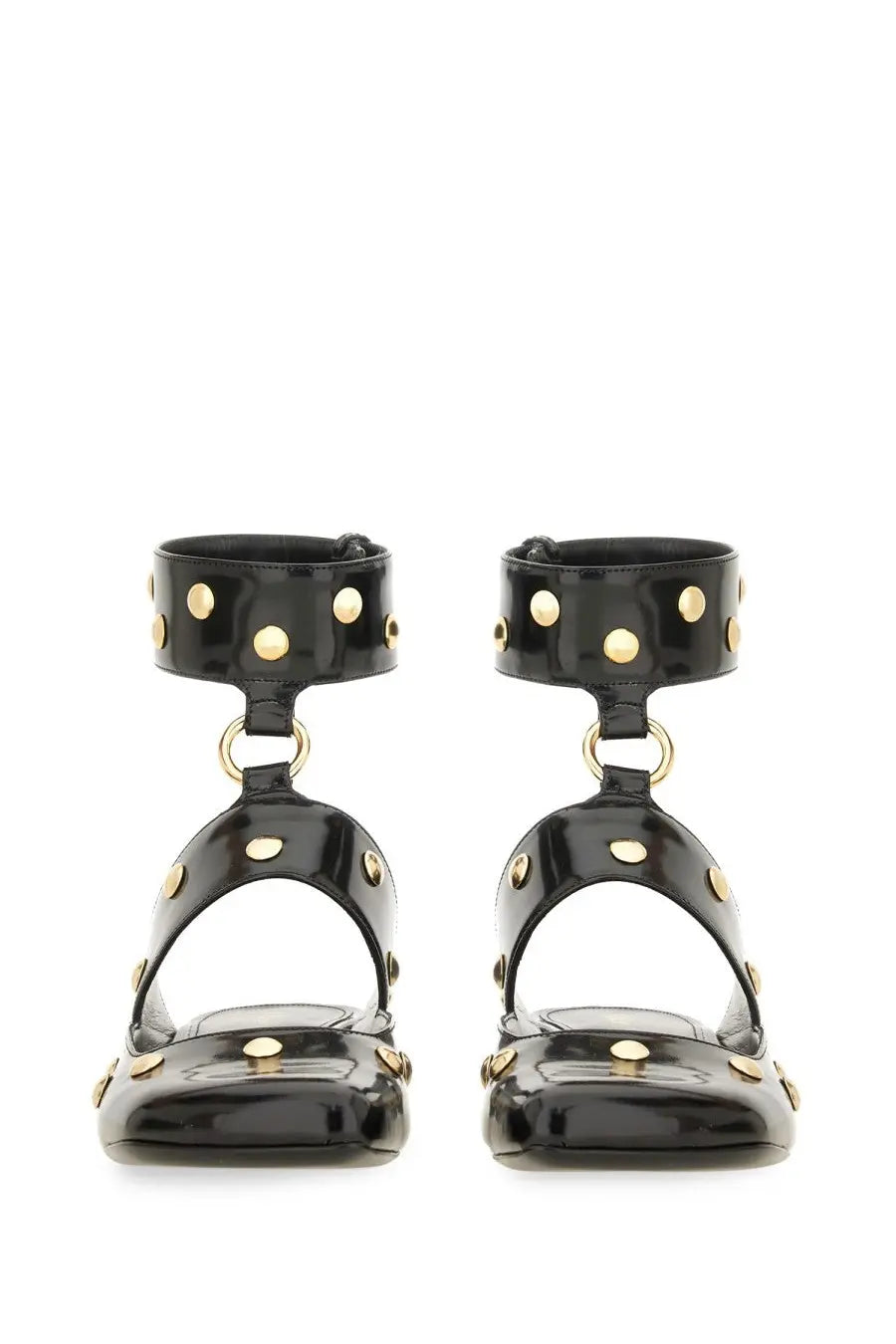 Chloé women’s sandalo jade black patent leather ankle strap sandals with gold-tone studs and square toe design
