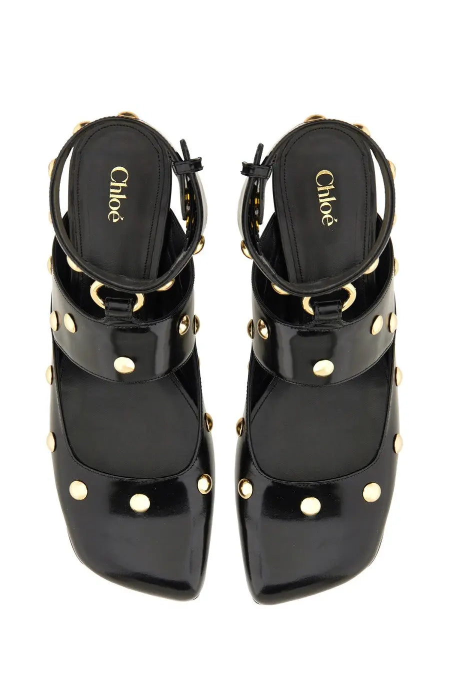 Chloé women’s black patent leather platform sandals with gold-tone studs and circular hardware details