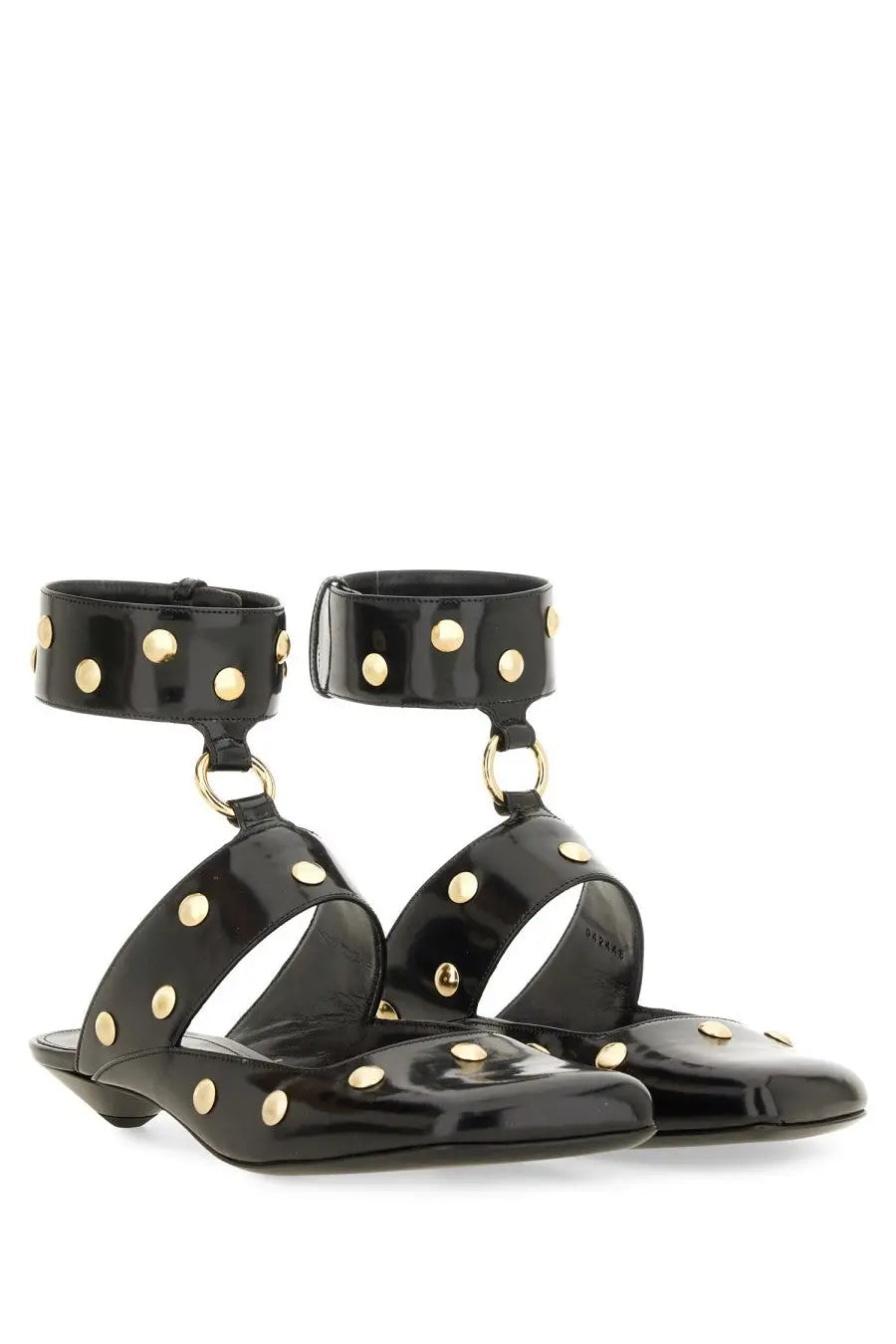 Chloé women’s Sandalo Jade black patent leather sandals with gold-tone studs and ankle straps