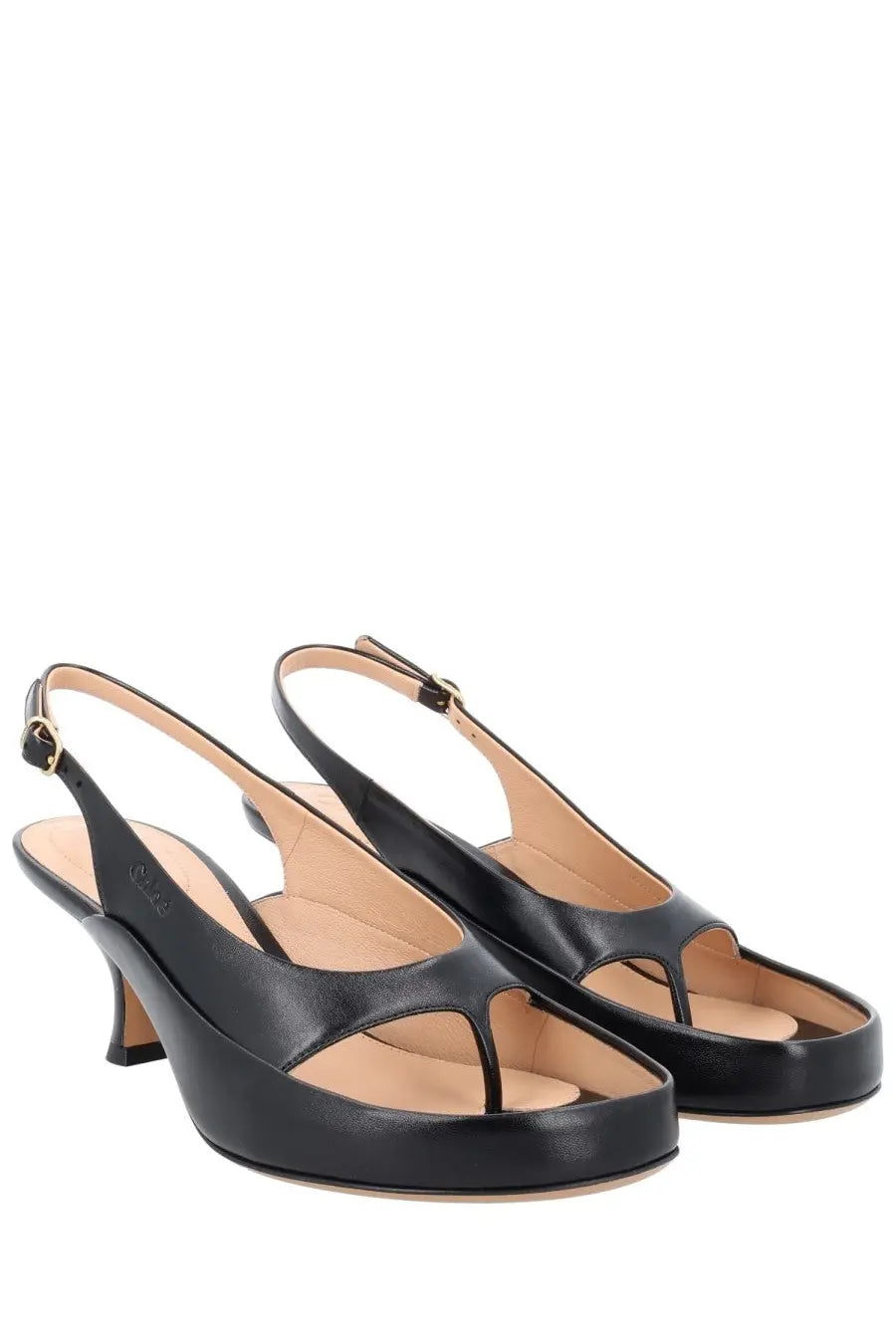 Chloé women’s black leather slingback heels with low block heel and toe strap design