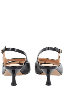 Chloé women’s Sandalo Junie Con Tacco black slingback patent leather heels with glossy finish and gold-tone buckle