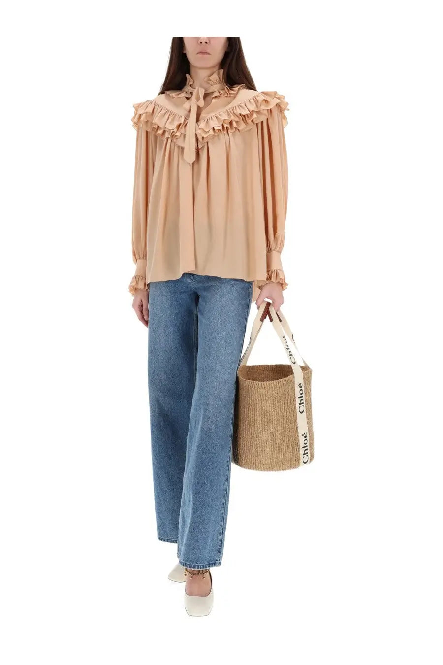 Beige silk blouse for women by Chloé featuring long sleeves ruffles and a tie-neck detail