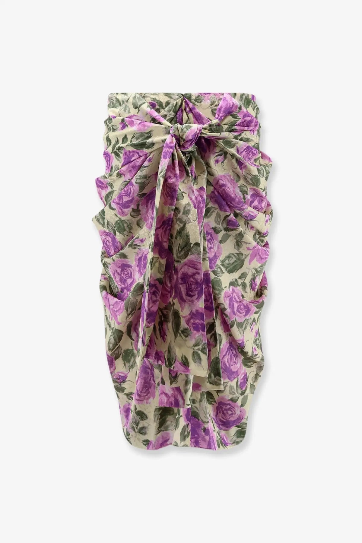 Chloé women’s silk wrap skirt in yellow cream fabric with purple roses and green leaves pattern