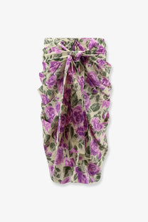 Chloé women’s silk wrap skirt in yellow cream fabric with purple roses and green leaves pattern