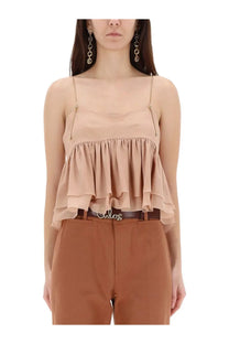 Chloé women’s silk top pink beige chiffon camisole with delicate ruffled tier and thin gold chain straps