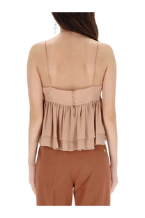 Beige tiered chiffon camisole with delicate gold chain straps and button-back closure from Chloé women’s silk top pink collection