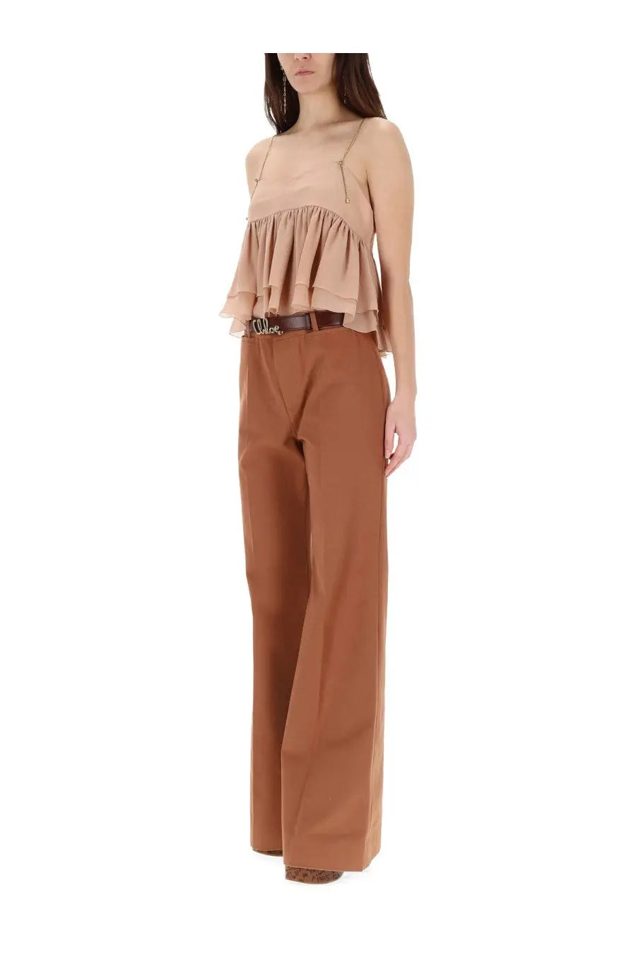 Chloé women’s silk top pink tan ruffled camisole with thin straps and subtle gathered neckline front view