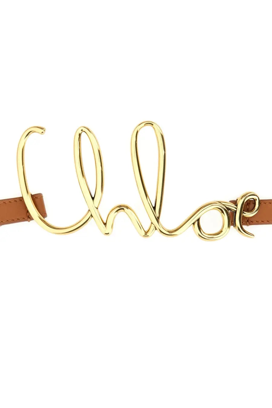Chloé women’s small belt with gold-tone metallic buckle featuring cursive logo on tan leather strap in beige
